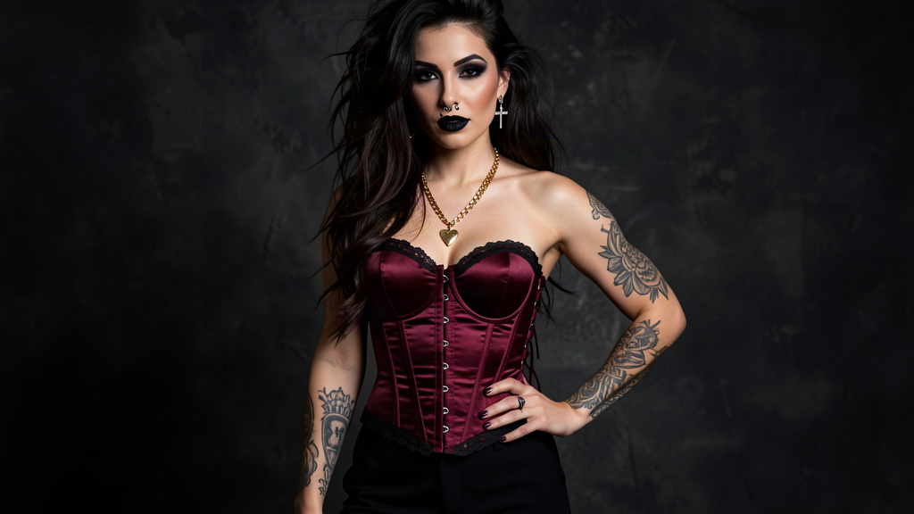 Bordeaux satin corset with steel boning and black lace