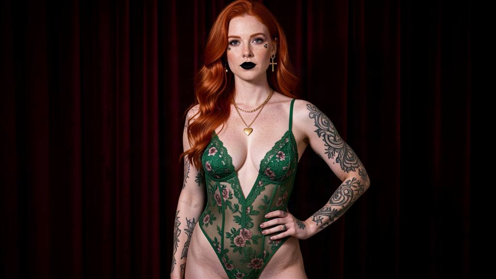 Green floral lace bodysuit with sheer panels, garter straps and deep V-neckline