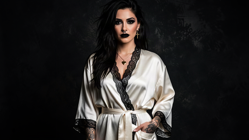 Ivory silk kimono robe with black lace trim