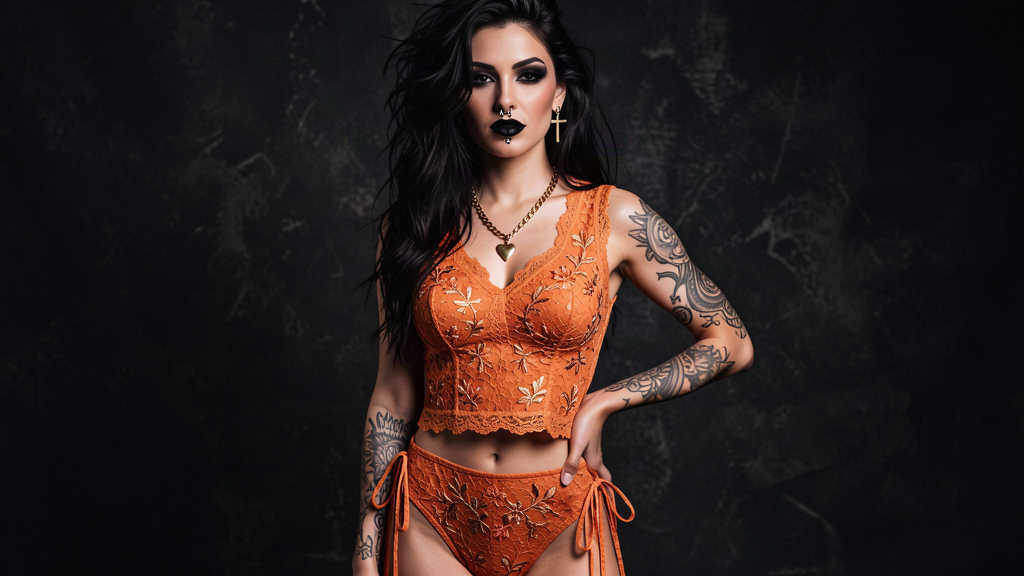 Sunset orange embroidered lace set with ribbon ties