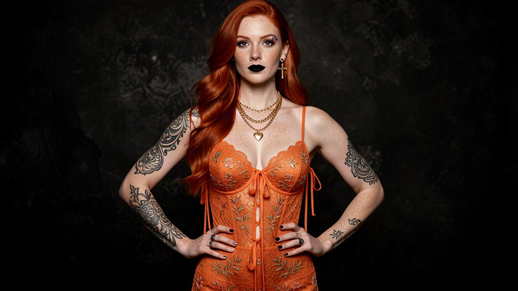 Sunset orange embroidered lace set with delicate floral embroidery and ribbon ties