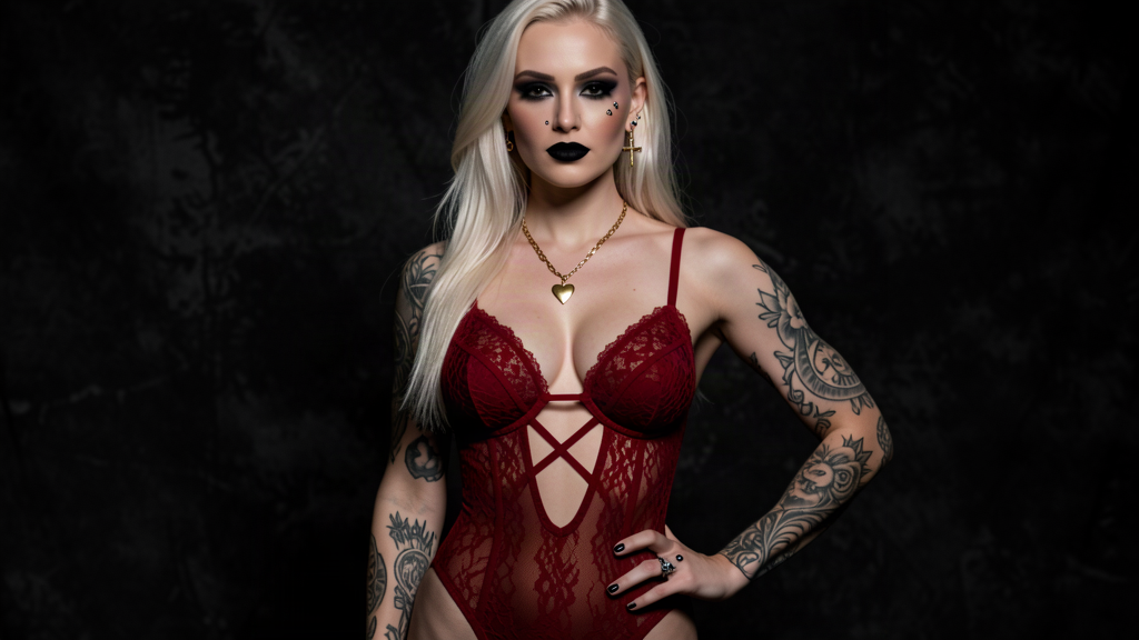 Deep red sheer lace bodysuit with crisscross bust straps and torso cut-out design