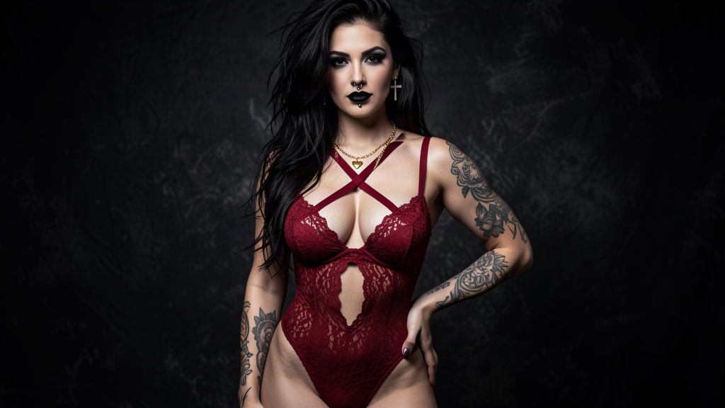 Deep red lace bodysuit with crisscross straps and cut-out detailing