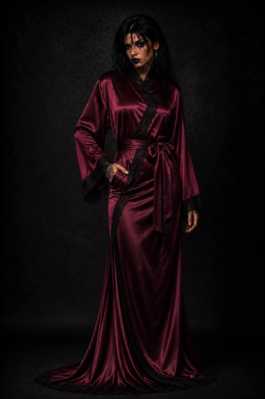 Burgundy satin robe with lace trim