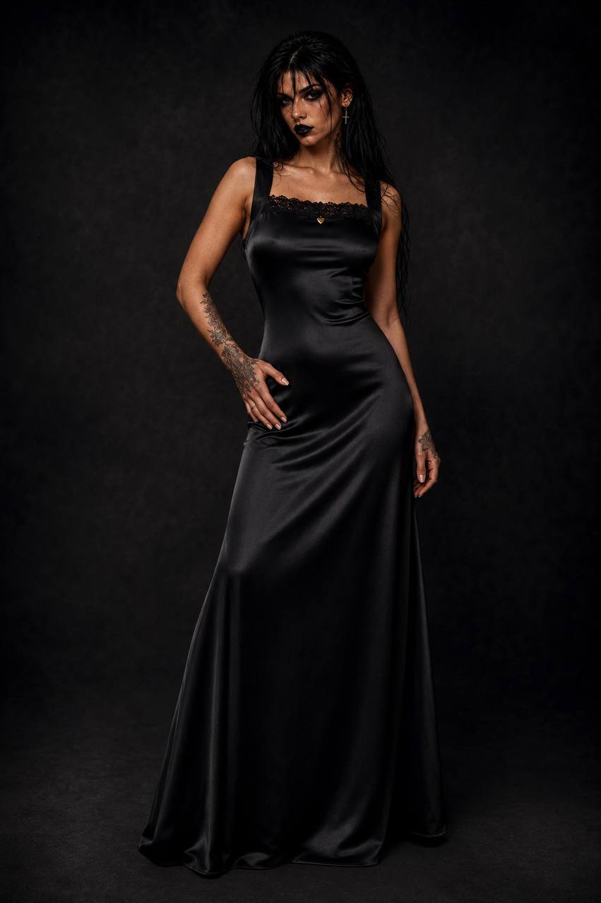 Black satin evening gown