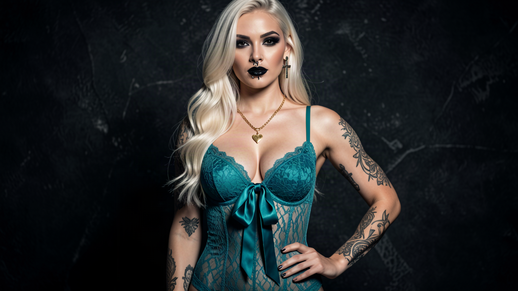 Teal lace bodysuit with large satin bow detail