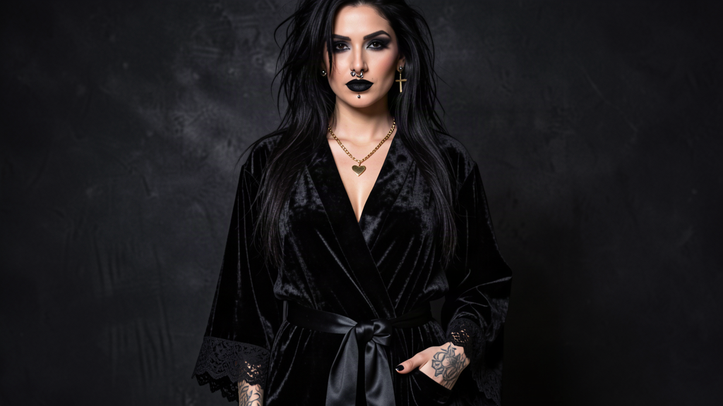 Black velvet wrap robe with lace-trimmed sleeves